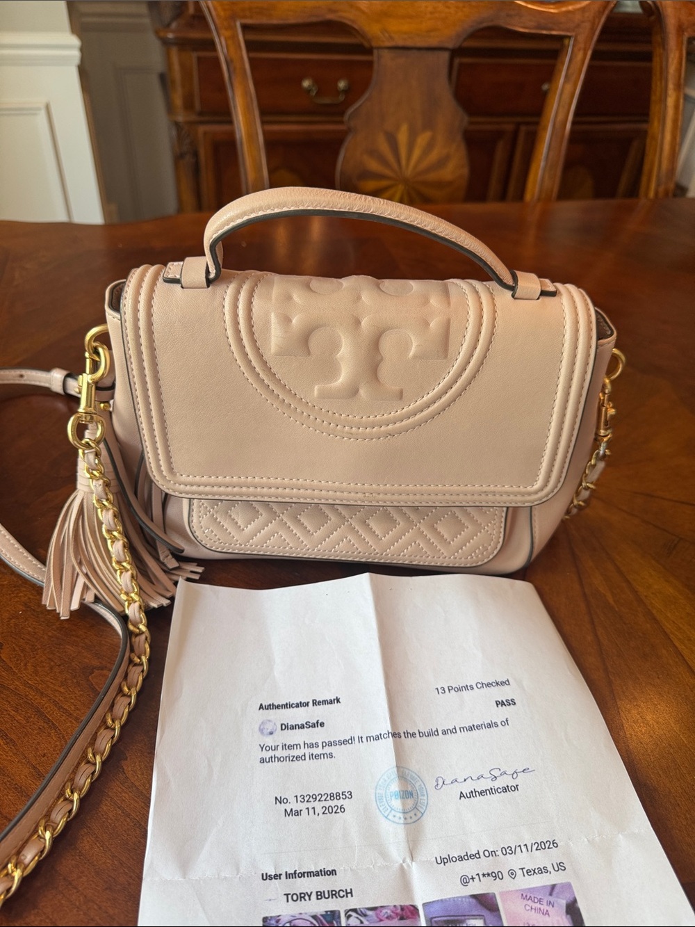 Tory Burch Fleming Blush Quilted Top-Handle Satchel with Tassel - Picture 11 of 13